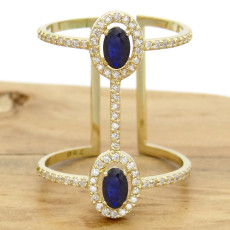 Anel  Aro Duplo com 2 Safiras Totalizando 45 Pontos e 78 Diamantes, em Ouro Amarelo 18 Kilates